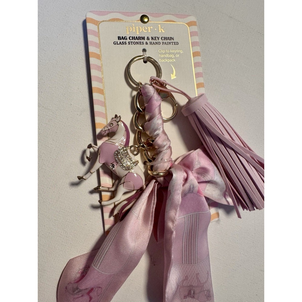 Piper K Jeweled Enamel Pink Horse Equestrian Bag Charm Keychain Scarf Tassel NEW